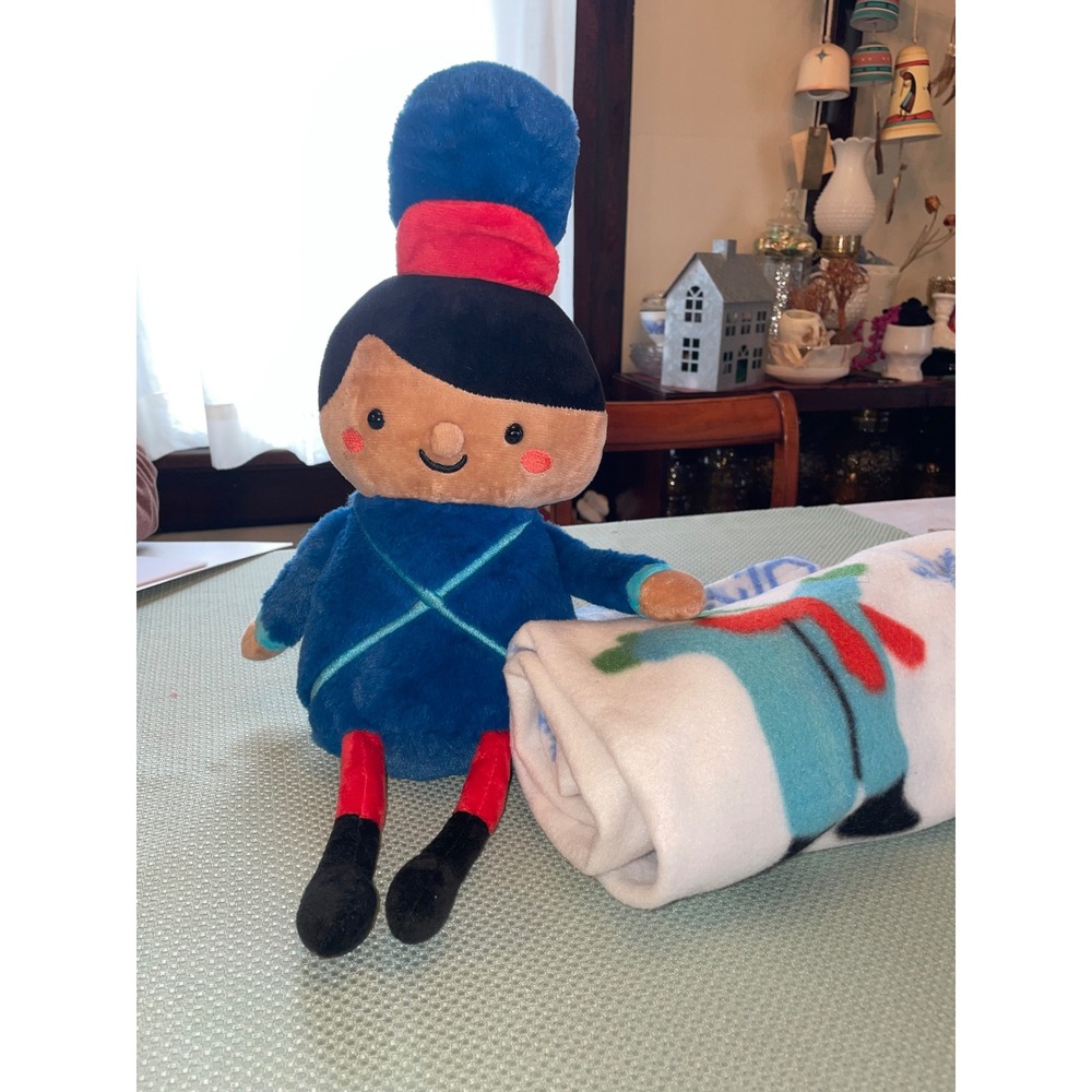 Nutcracker Soldier Plush Toy and Fleece Security Blanket Set Blue Holiday Decor